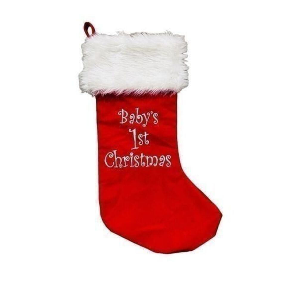Babys first christmas red fuzzy top hang Up stocking canvas red sock 20”x8”